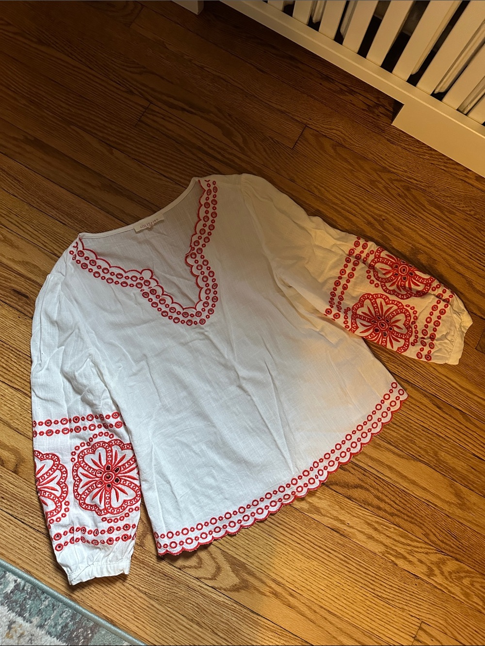 Solitaire White Peasant Blouse with Red Embroidery